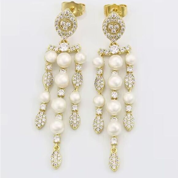 Elegant 14K Gold Plated and Silver Pearl Drop Earrings - Picture 3 of 10